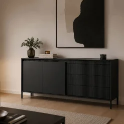 Credenza Nero 3 Cassetti 2 Ripiani 187x40x81h cm, Apertura Battente, Scorrevole - Hatone