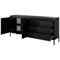 Credenza Nero 3 Cassetti 2 Ripiani 187x40x81h cm, Apertura Battente, Scorrevole - Hatone