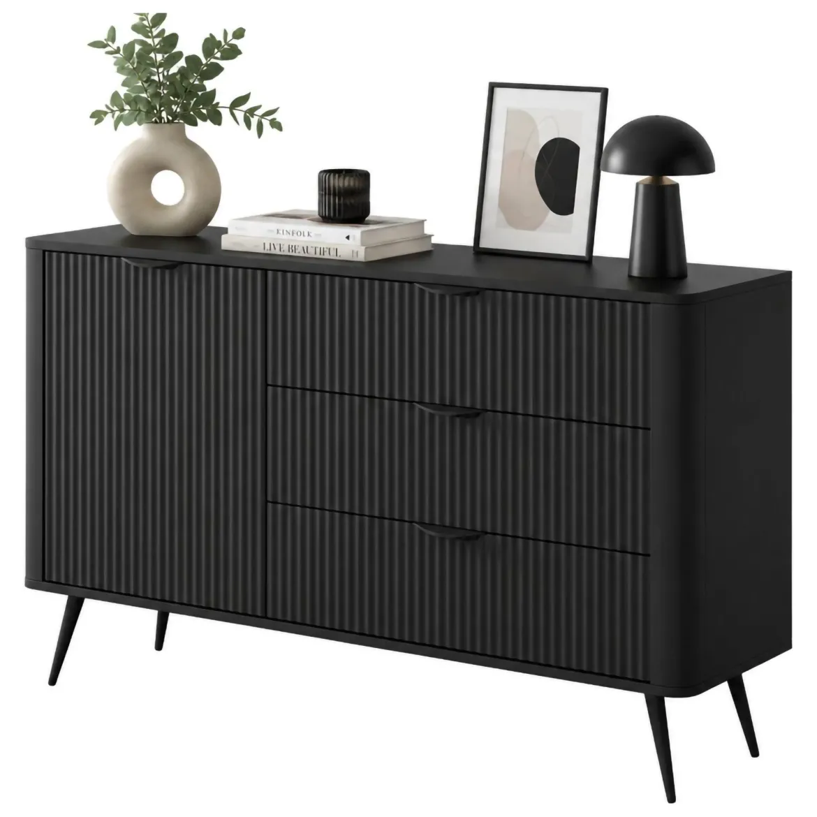Credenza Nero 3 Cassetti un Ripiano 138x38x81h cm, Apertura Battente, Scorrevole - Halilomo