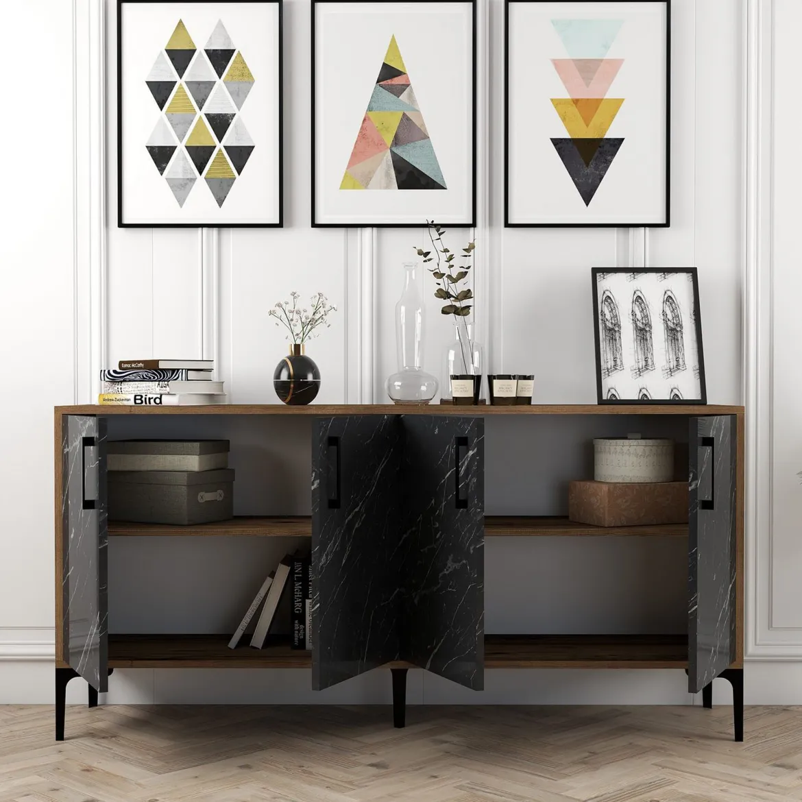 Credenza Nero Marmo Marrone Noce 2 Ripiani 4 Ante 160x35x78h cm, 4 Vani - Sinopoli