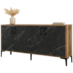 Credenza Nero Marmo Marrone Noce 2 Ripiani 4 Ante 160x35x78h cm, 4 Vani - Sinopoli