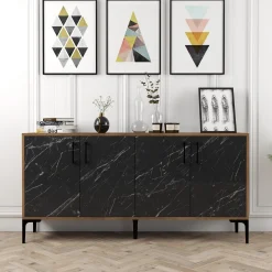 Credenza Nero Marmo Marrone Noce 2 Ripiani 4 Ante 160x35x78h cm, 4 Vani - Sinopoli