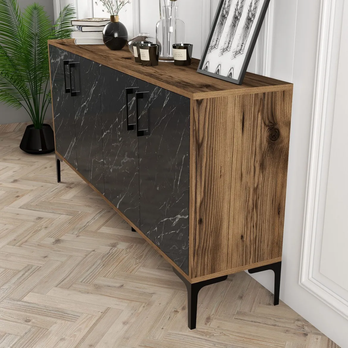 Credenza Nero Marmo Marrone Noce 2 Ripiani 4 Ante 160x35x78h cm, 4 Vani - Sinopoli