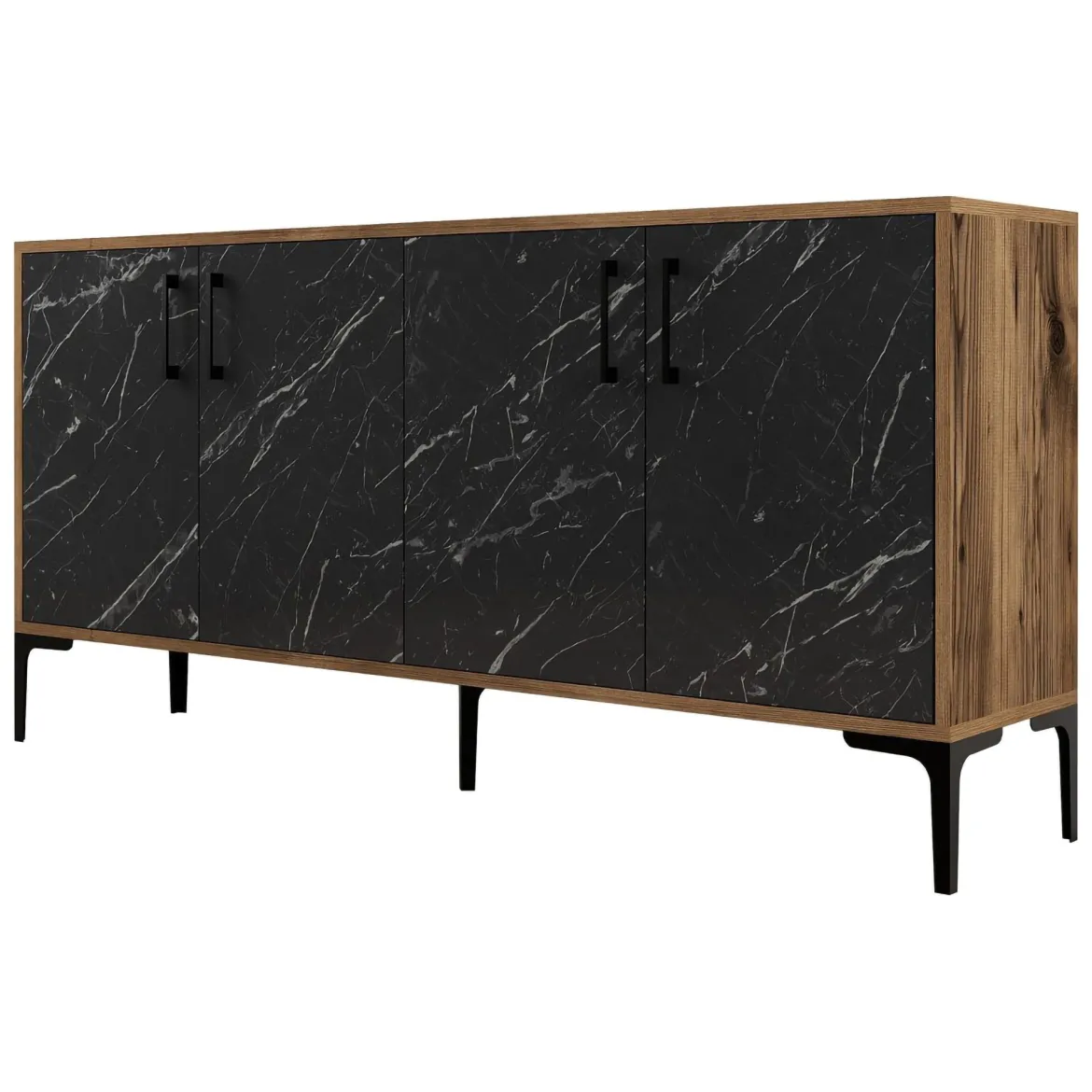 Credenza Nero Marmo Marrone Noce 2 Ripiani 4 Ante 160x35x78h cm, 4 Vani - Sinopoli