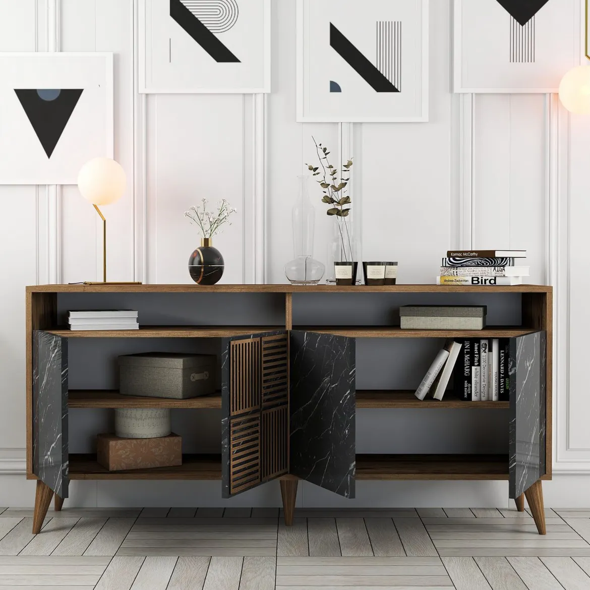 Credenza Nero Marmo Marrone Noce 2 Ripiani 4 Ante 180x35x78h cm, 4 Vani - Pollein