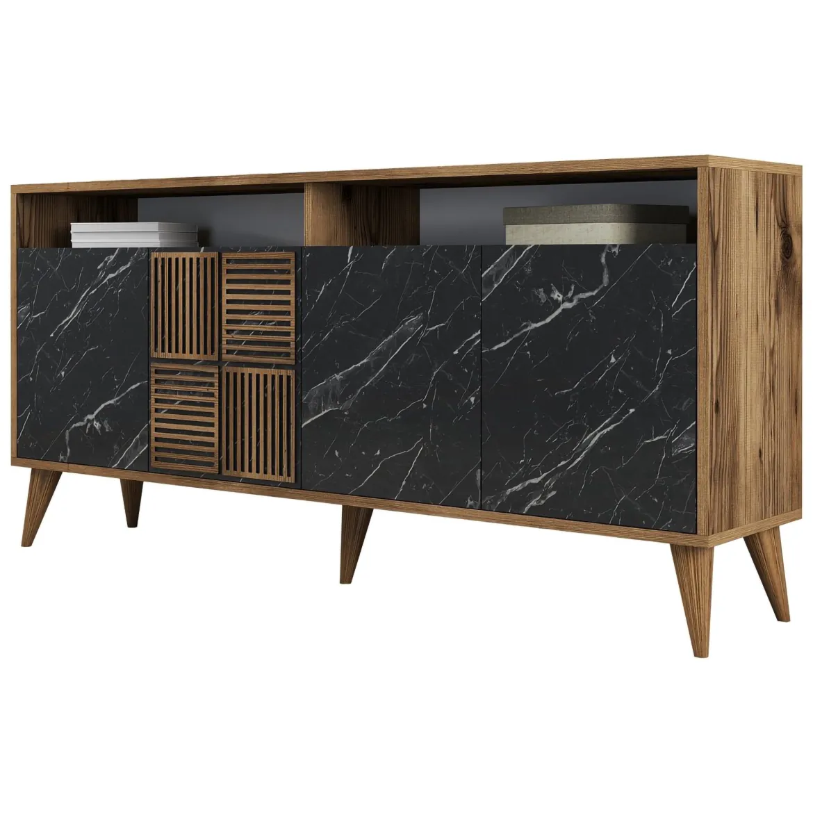 Credenza Nero Marmo Marrone Noce 2 Ripiani 4 Ante 180x35x78h cm, 4 Vani - Pollein