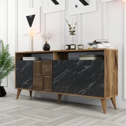 Credenza Nero Marmo Marrone Noce 2 Ripiani 4 Ante 180x35x78h cm, 4 Vani - Pollein
