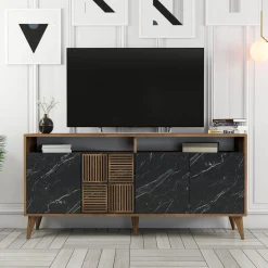 Credenza Nero Marmo Marrone Noce 2 Ripiani 4 Ante 180x35x78h cm, 4 Vani - Pollein