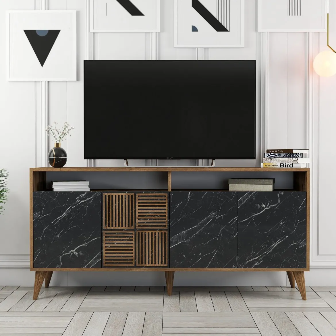 Credenza Nero Marmo Marrone Noce 2 Ripiani 4 Ante 180x35x78h cm, 4 Vani - Pollein