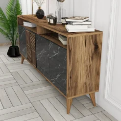 Credenza Nero Marmo Marrone Noce 2 Ripiani 4 Ante 180x35x78h cm, 4 Vani - Pollein