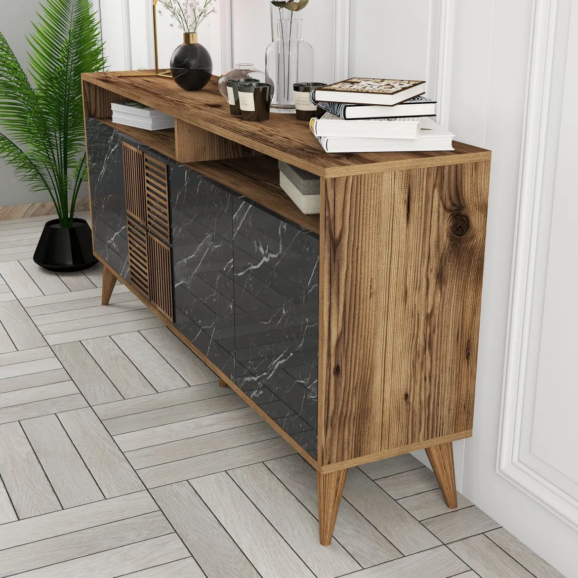 Credenza Nero Marmo Marrone Noce 2 Ripiani 4 Ante 180x35x78h cm, 4 Vani - Pollein