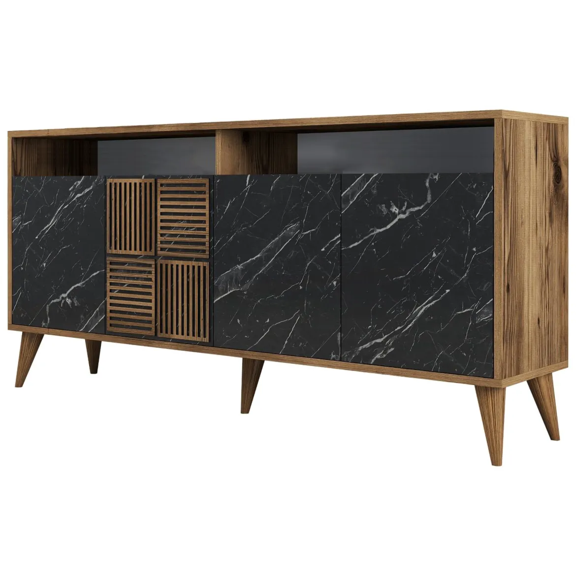 Credenza Nero Marmo Marrone Noce 2 Ripiani 4 Ante 180x35x78h cm, 4 Vani - Pollein