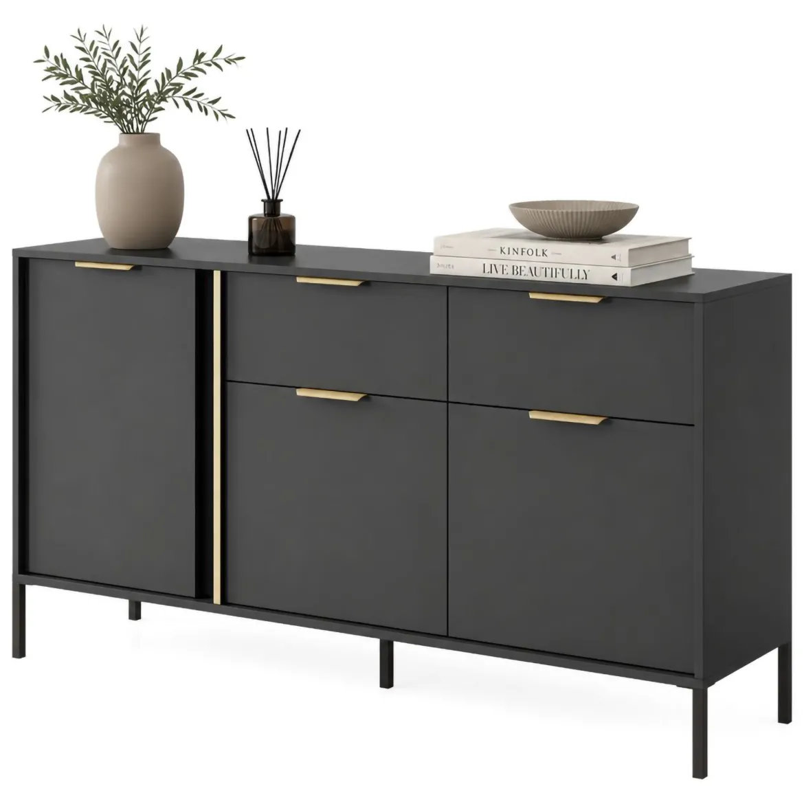 Credenza Nero oro 2 Cassetti 3 Ripiani 153x40x81h cm, Apertura Battente, Scorrevole - Hametesi