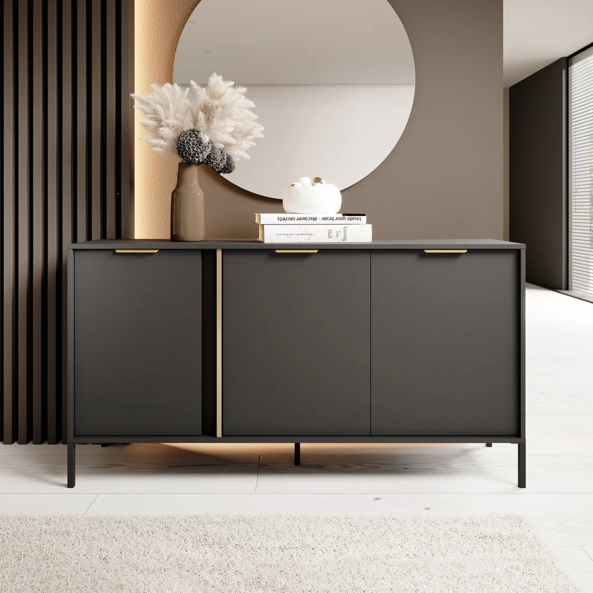 Credenza Nero oro 3 Ripiani Apertura Battente 153x40x81h cm, 3 Ante - Hamagami