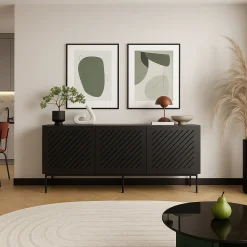 Credenza Nero un Ripiano 3 Vani 150.5x42x75h cm, 3 Ante - Stilo
