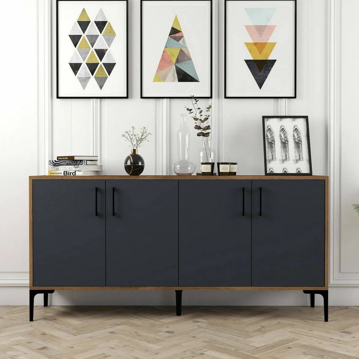 Credenza noce e antracite 160x35x78h cm 4 ante - Soraya