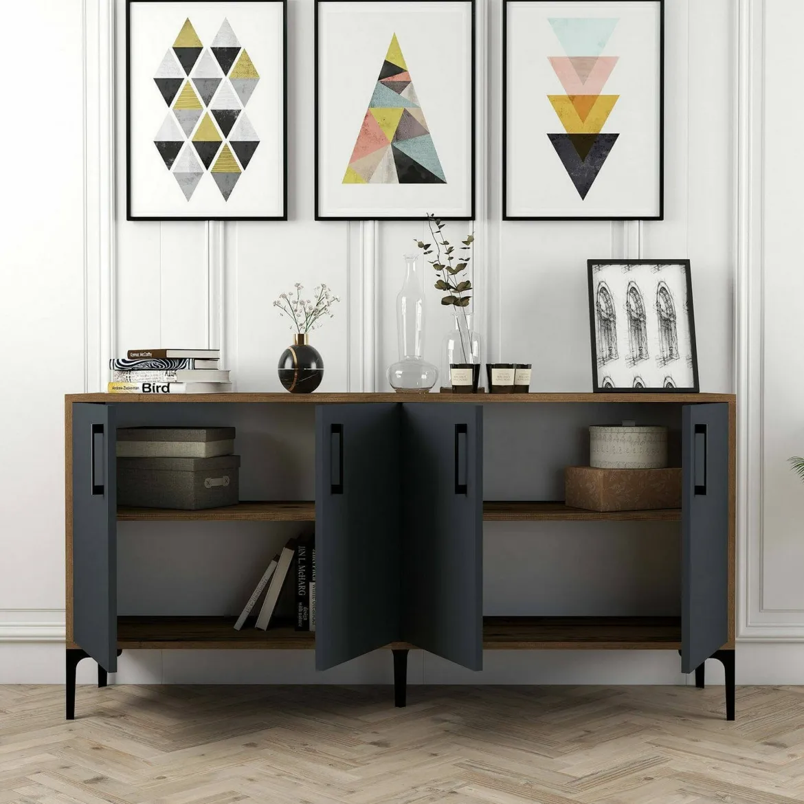 Credenza noce e antracite 160x35x78h cm 4 ante - Soraya