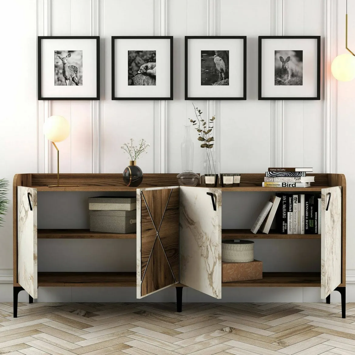 Credenza noce e bianca marmo 180x35x78h cm 4 ante - Agape