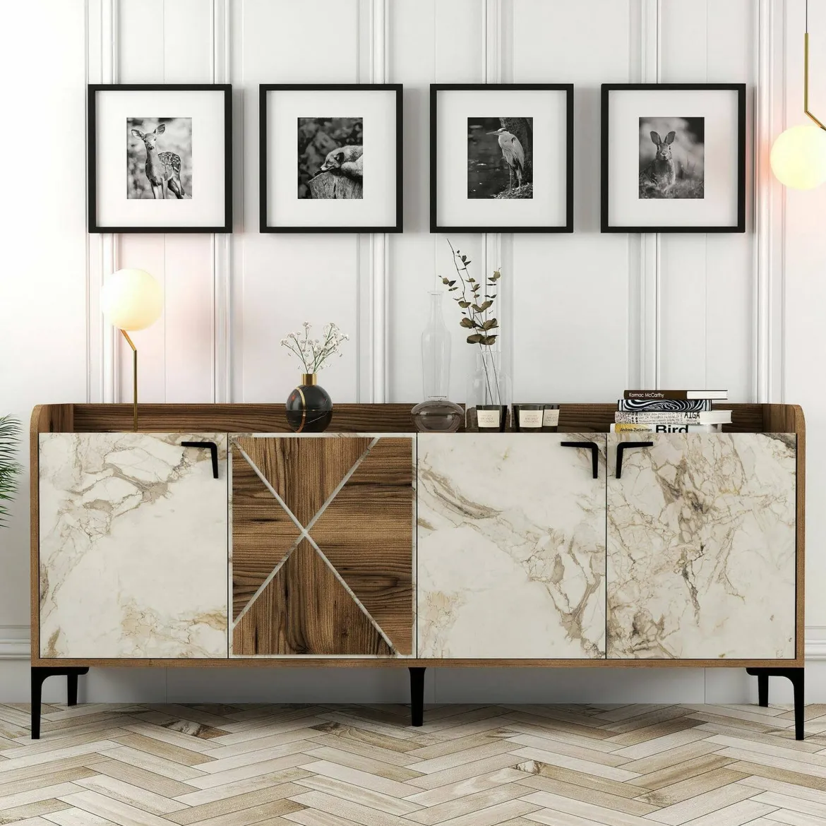 Credenza noce e bianca marmo 180x35x78h cm 4 ante - Agape