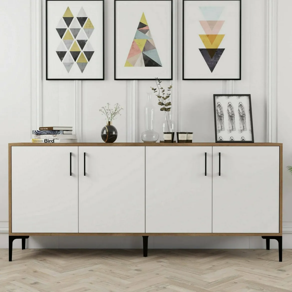 Credenza noce e bianca 180x35x78h cm 4 ante - Jole