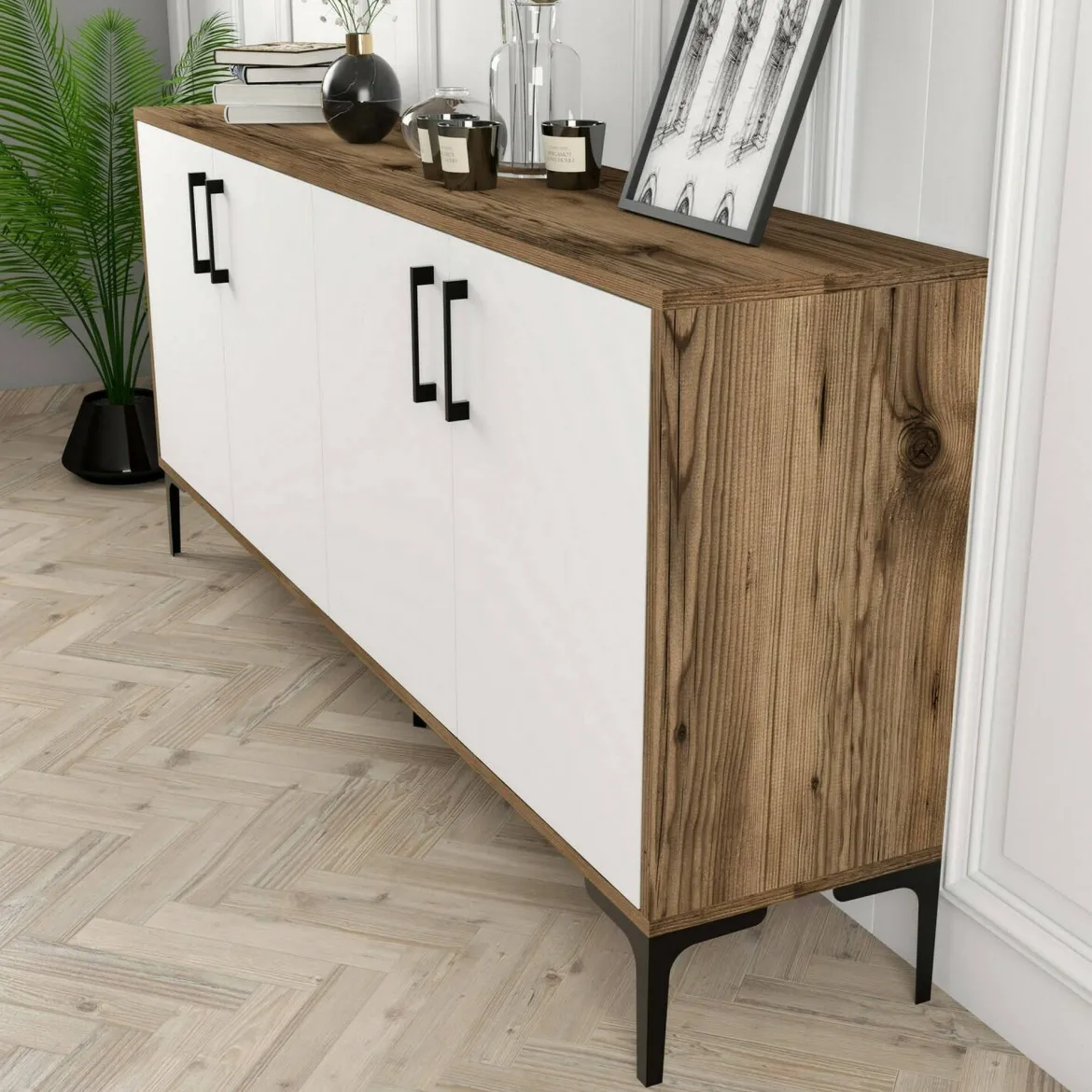 Credenza noce e bianca 180x35x78h cm 4 ante - Jole
