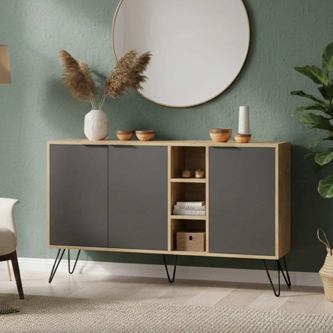 Credenza quercia e antracite 142x35x83h cm 3 ante - Alin