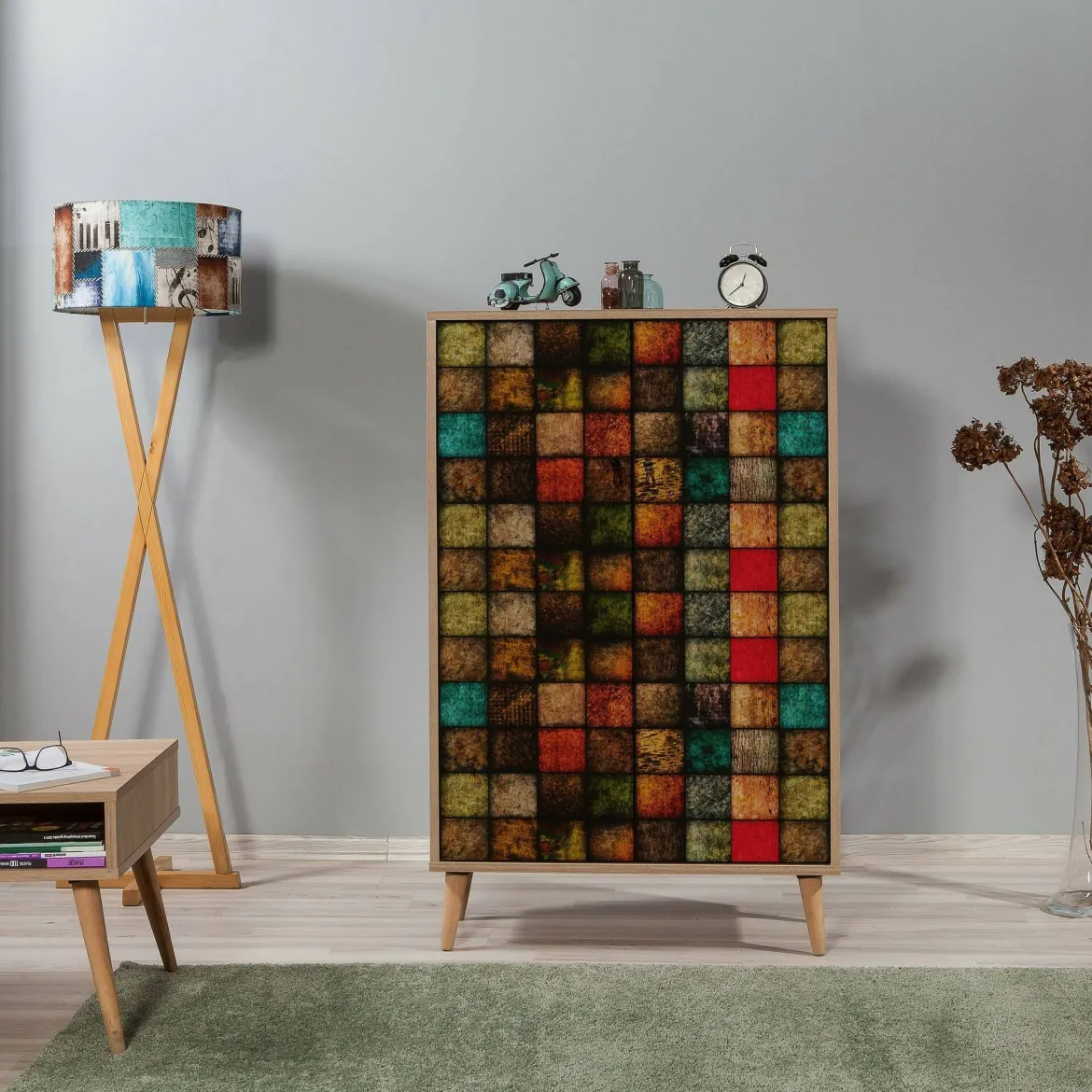 Credenza quercia e multicolore 95x36x111h cm 4 ante - Agyemang