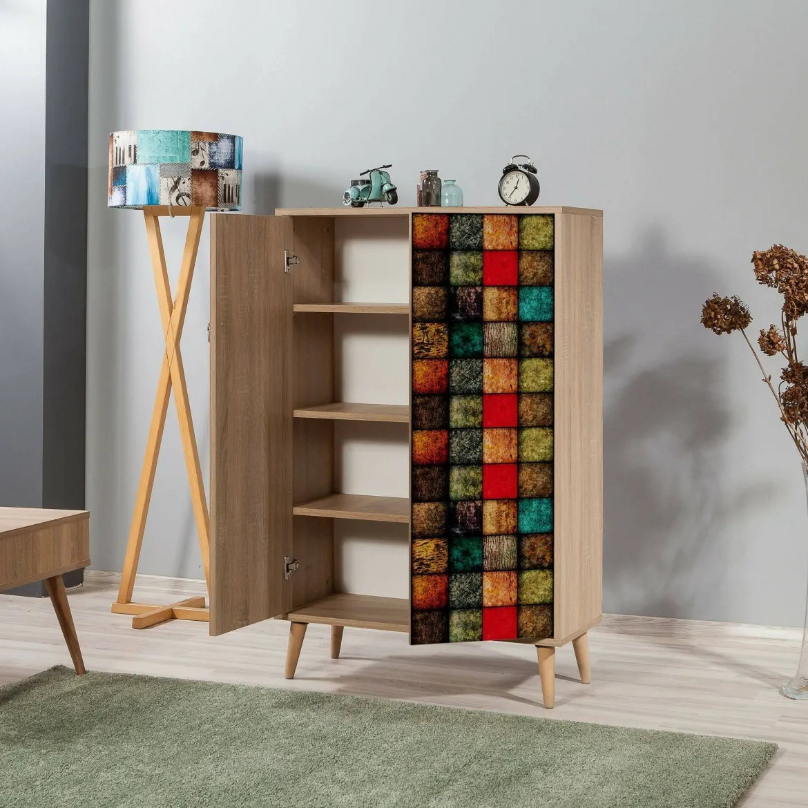 Credenza quercia e multicolore 95x36x111h cm 4 ante - Agyemang