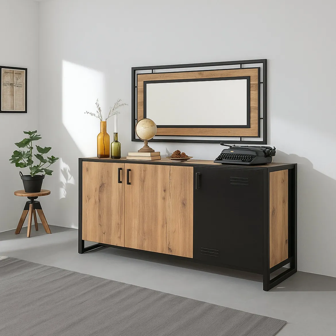 Credenza quercia e nera 160x44x75h cm 4 ante - Kay