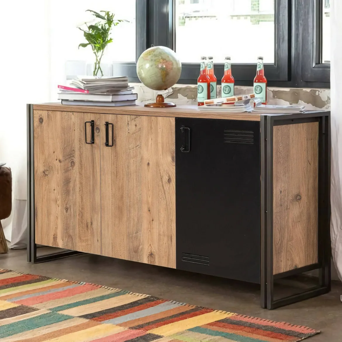 Credenza quercia e nera 160x44x75h cm 4 ante - Kay