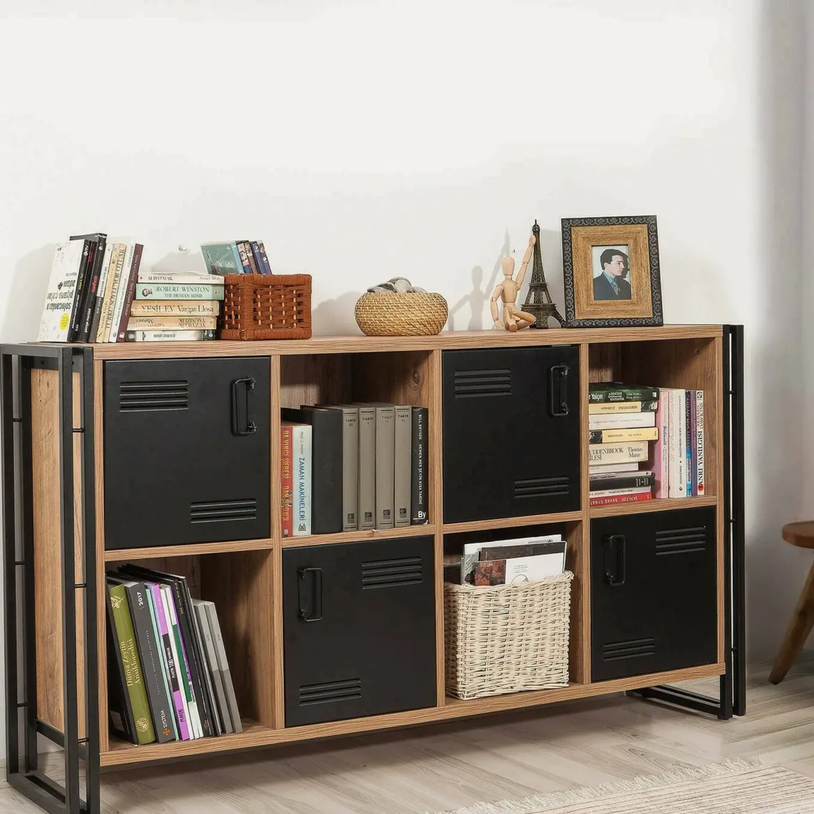 Credenza quercia e nera 180x45x80h cm 2 ante e 3 cassetti - Barrea