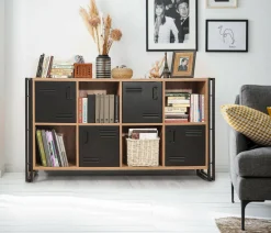 Credenza quercia e nera 180x45x80h cm 2 ante e 3 cassetti - Barrea
