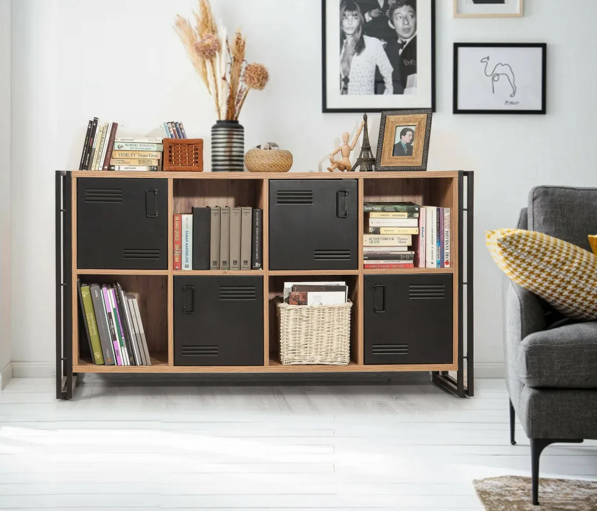Credenza quercia e nera 180x45x80h cm 2 ante e 3 cassetti - Barrea