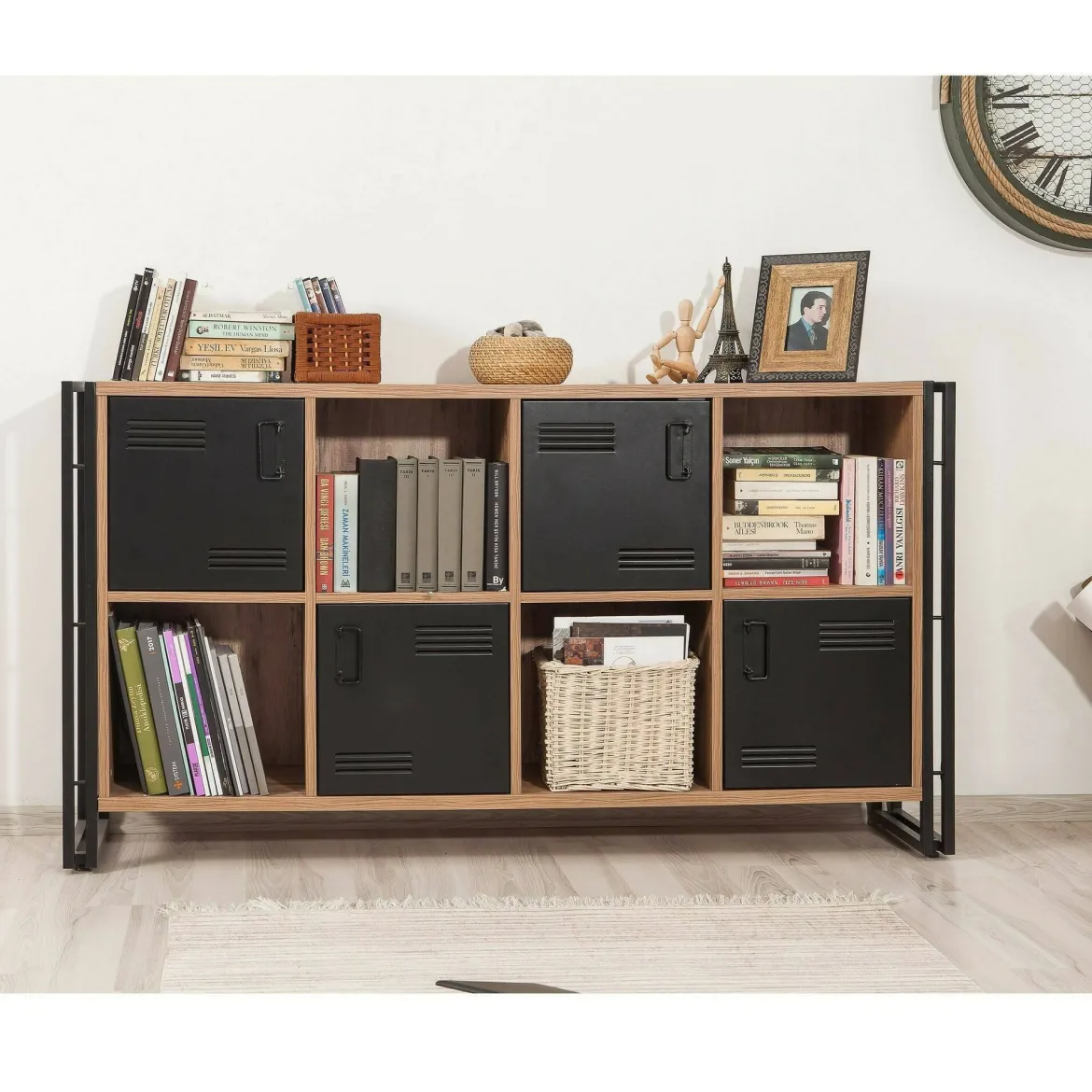 Credenza quercia e nera 180x45x80h cm 2 ante e 3 cassetti - Barrea