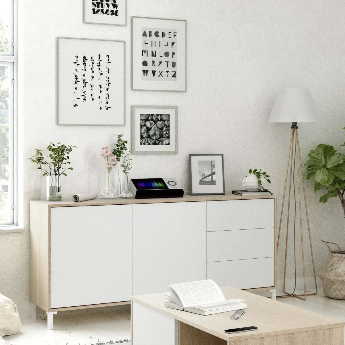 Credenza rovere e bianca 155x39x92h cm 6 cassetti - Chito