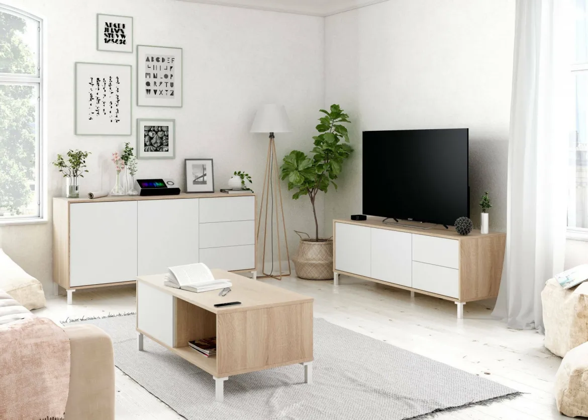 Credenza rovere e bianca 155x39x92h cm 6 cassetti - Chito