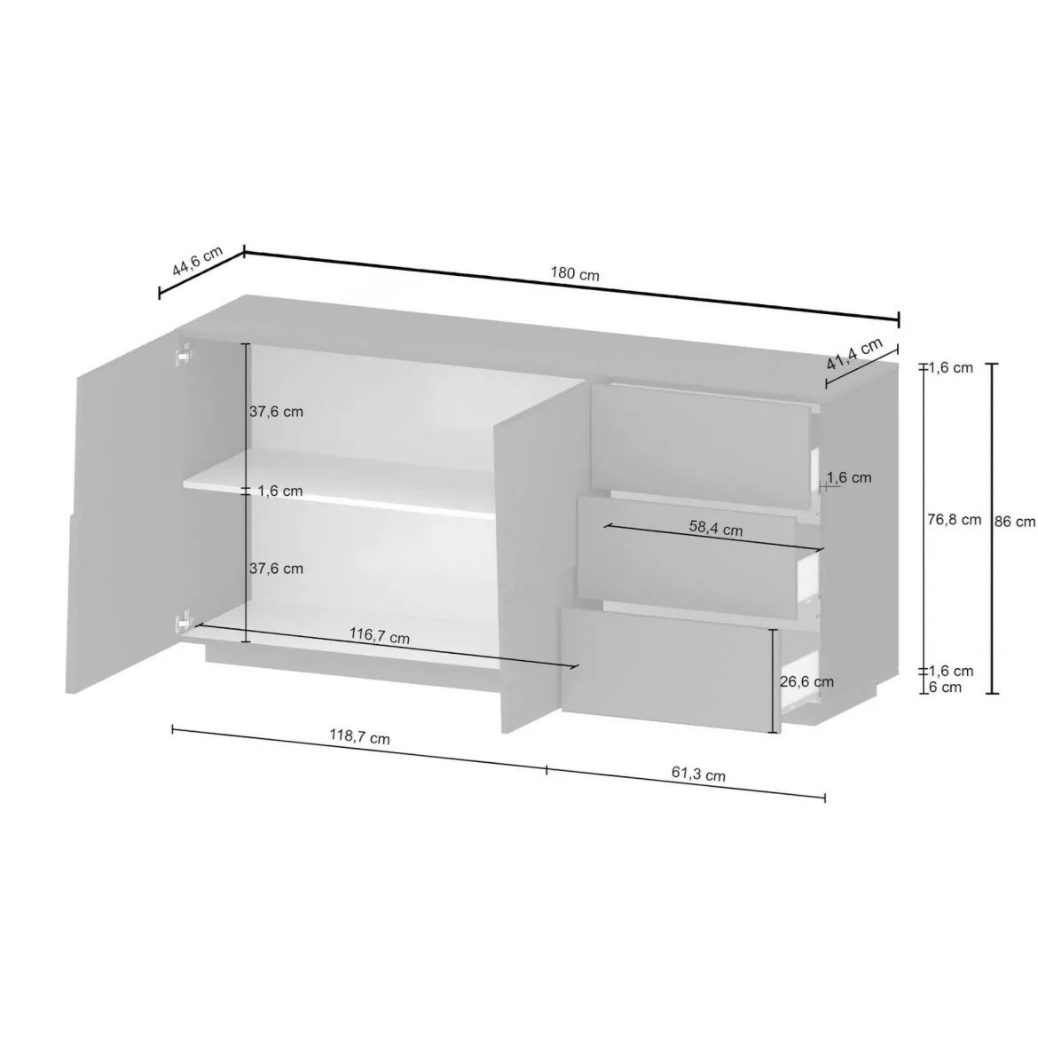 Credenza rovere 180x44x86h cm 2 ante e 3 cassetti - Avelignese
