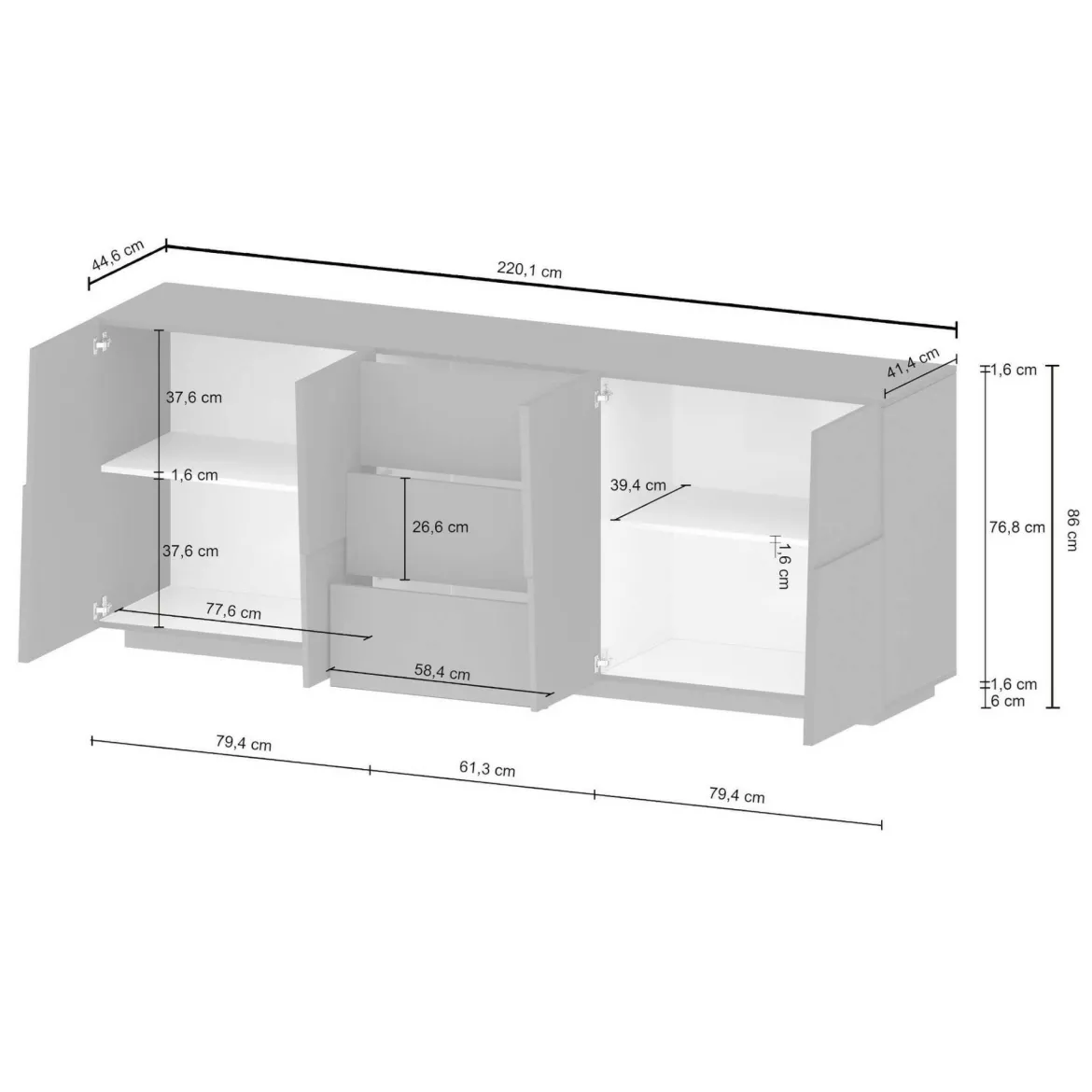 Credenza rovere 220x44x86h cm 4 ante e 3 cassetti - Astel