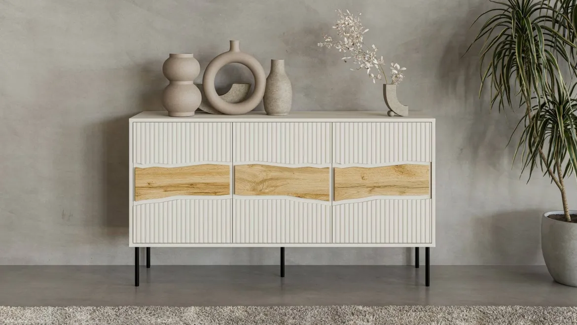 Credenza Saliceto, 144x40 h80 cm, Beige e Rovere Nodi