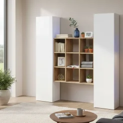 Credenza slim bianco lucida e acero 40x30x180h cm 2 ante - Acerenza