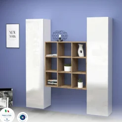 Credenza slim bianco lucida e acero 40x30x180h cm 2 ante - Acerenza