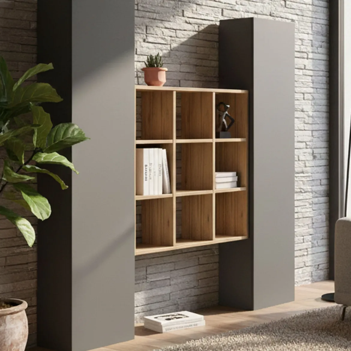 Credenza stretta antracite e acero 40x30x180h cm 2 ante - Acerenza