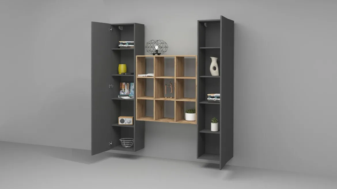 Credenza stretta antracite e acero 40x30x180h cm 2 ante - Acerenza