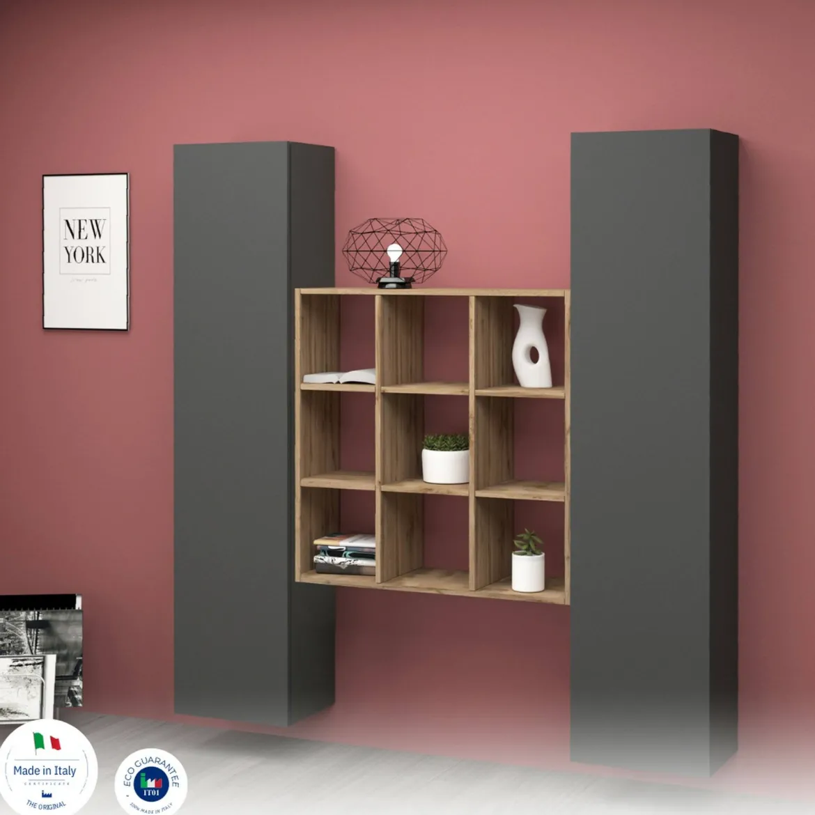 Credenza stretta antracite e acero 40x30x180h cm 2 ante - Acerenza