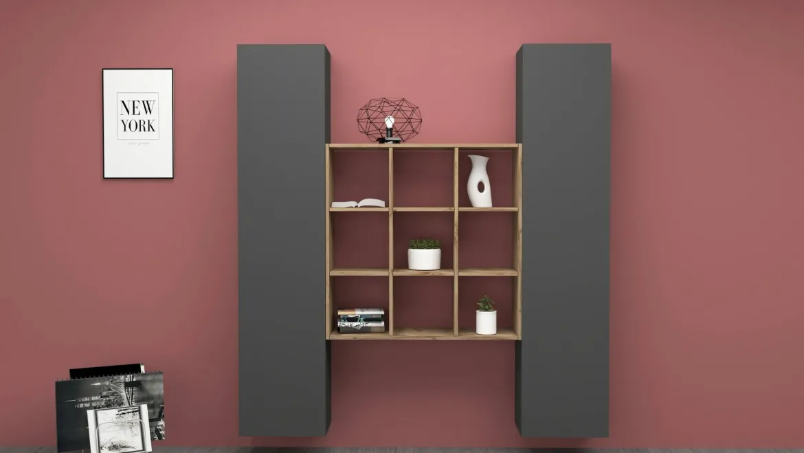 Credenza stretta antracite e acero 40x30x180h cm 2 ante - Acerenza