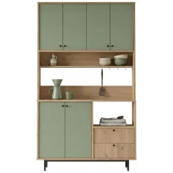Credenza Verde Marrone Rovere 2 Cassetti 4 Ripiani 120x36x205h cm, Apertura Battente, Scorrevole - Pianella
