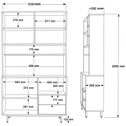 Credenza Verde Marrone Rovere 2 Cassetti 4 Ripiani 120x36x205h cm, Apertura Battente, Scorrevole - Pianella
