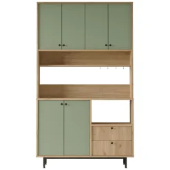 Credenza Verde Marrone Rovere 2 Cassetti 4 Ripiani 120x36x205h cm, Apertura Battente, Scorrevole - Pianella