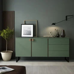 Credenza Verde Marrone Rovere 3 Cassetti 2 Ripiani 184x40x86h cm, Apertura Battente - Camere