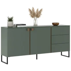 Credenza Verde Marrone Rovere 3 Cassetti 2 Ripiani 184x40x86h cm, Apertura Battente - Camere